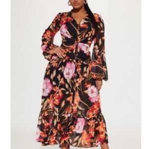 Fashion Nova Black and Pink Ruffled Wrap Dress